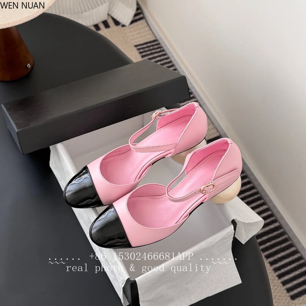 Genuine Leather Mary Jane Sandals With Pearl Heels — Beige-Tan | KIMLUD