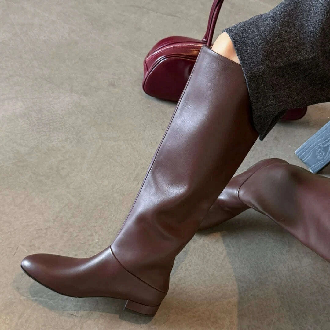 KIMLUD, Women's genuine leather round toe slip-on flats autumn knee high boots casual female soft comfortable knight boots shoes woman, KIMLUD Womens Clothes