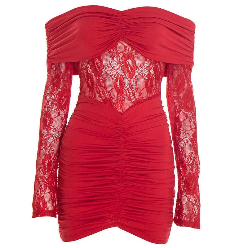 KIMLUD, Mozision Off-shoulder Strapless Backless Sexy Mini Dress Women Gown Elegant Lace See Through Long Sleeve Ruched Club Party Dress, KIMLUD Womens Clothes