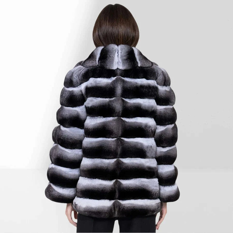 KIMLUD, Women's Winter Jacket Real Rex Rabbit Fur Jacket With Hood Chinchilla Color Fur Coat High Quality Genuine Leather Jackets, KIMLUD Womens Clothes