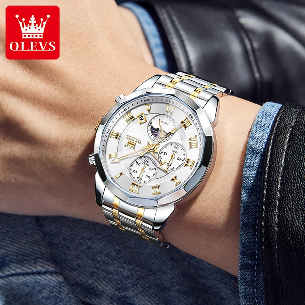 OLEVS 3675 Mens Watch Original Business Brand Quartz Watch Multifunctional Chronograph Waterproof Moon Phase Watch For Man New