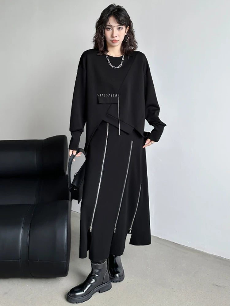 Sweatshirt - Topstitched Irregular Hem - Jersey - Black | KIMLUD