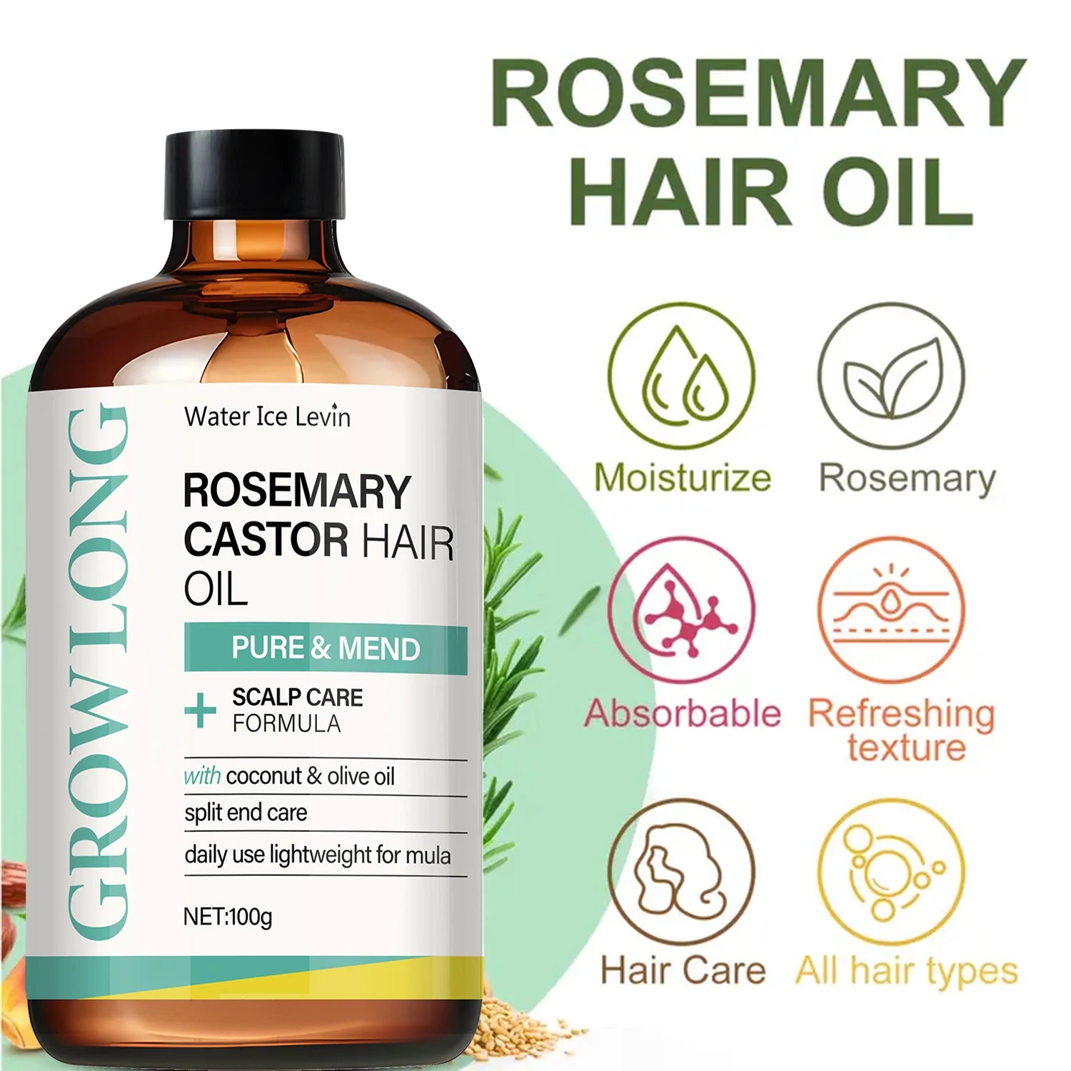 Rosemary-Infused Castor Hair Oil For Scalp Care And Split Ends — Clear | KIMLUD