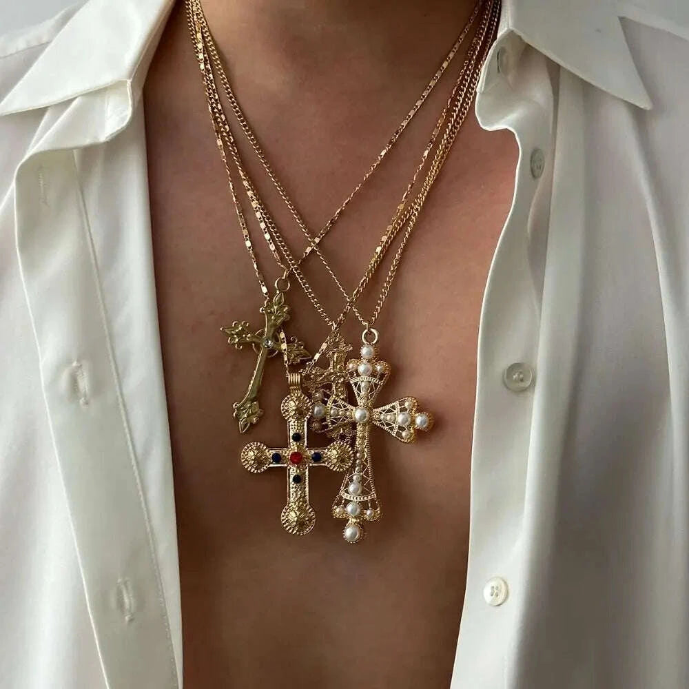 KIMLUD, Geometric Ethnic Style Men Necklace Silver Pearl Cross Pendant Necklace Jewelry Accessories Golden Rhinestone Necklace Women, KIMLUD Womens Clothes