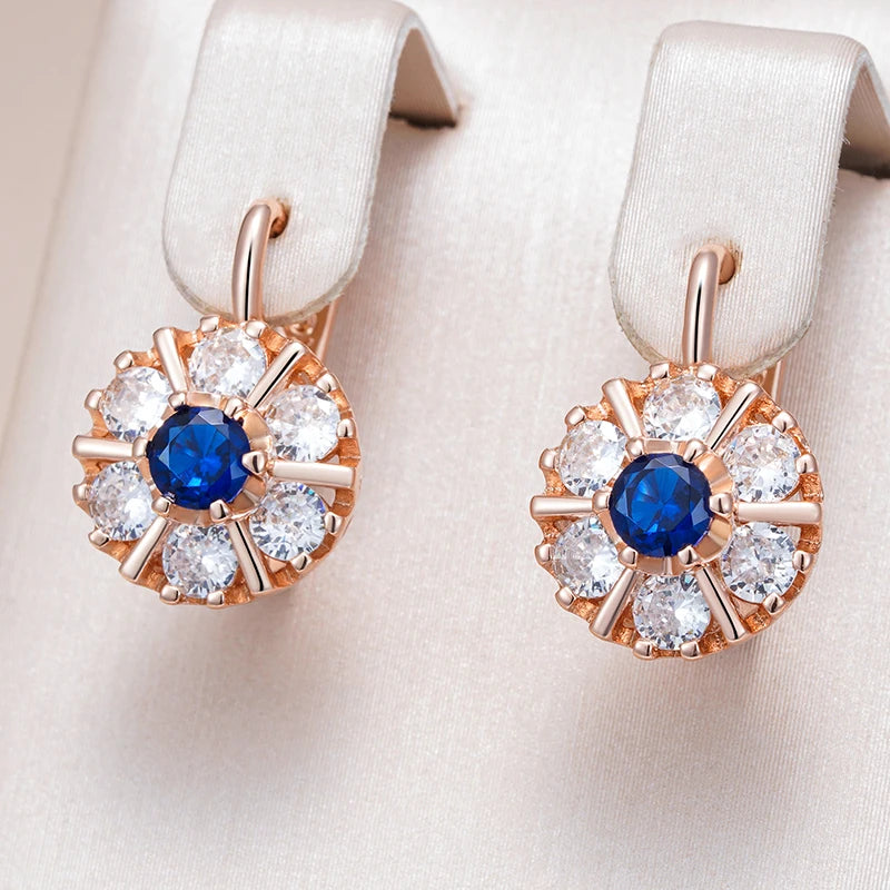 Rose Gold Floral Halo Earrings With Cobalt Heart — Rose Gold | KIMLUD