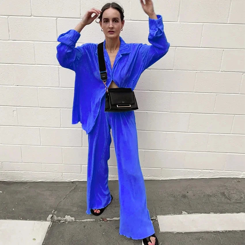 KIMLUD, 2023 Spring Summer Best Seller Solid Color Draped Loose Fit Smooth Pleated Women's Casual 2-Piece Set Stock Available, KIMLUD Womens Clothes