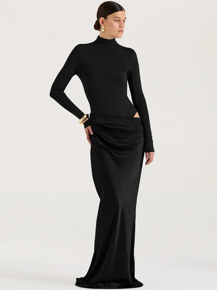 Mozision Autumn Long Sleeve Sexy Maxi Dress Women Fashion Hollow Out Turtleneck Ruched Bodycon Club Party Long Dresses Female