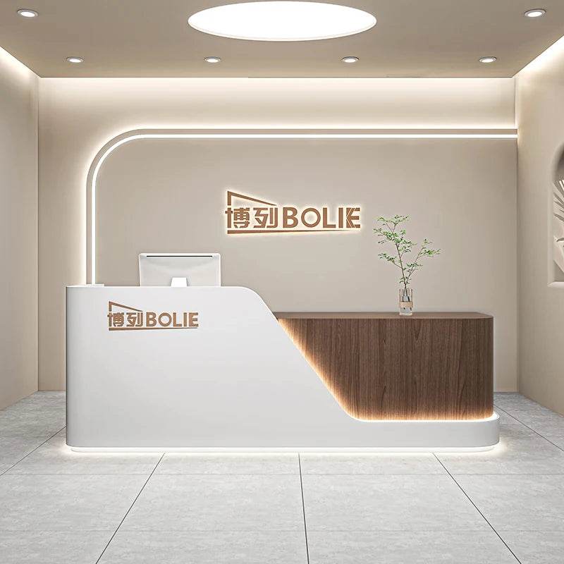 Curved Wood Reception Desk With LED Lights — White | KIMLUD