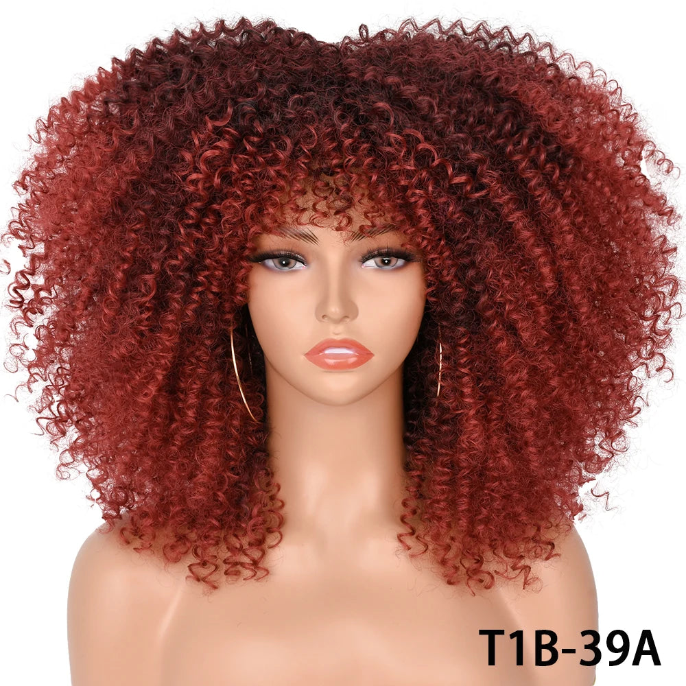 Afro Kinky Curly Hair Wigs With Bangs — Natural Brown Mixed | KIMLUD