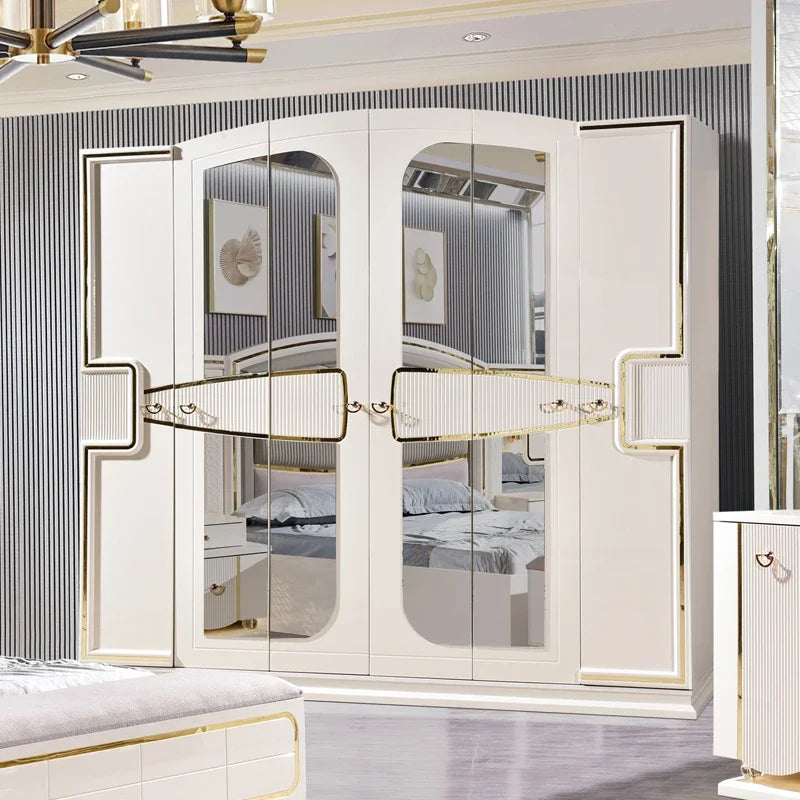 Leather King-Size Bed Set With Nightstands, Wardrobe, And Dressing Table — White | KIMLUD