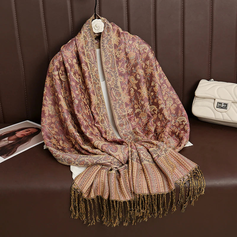 Cashmere Pashmina Shawl With Autumn Print Design, Olive Accents And Gold-Toned Fringe — Red | KIMLUD