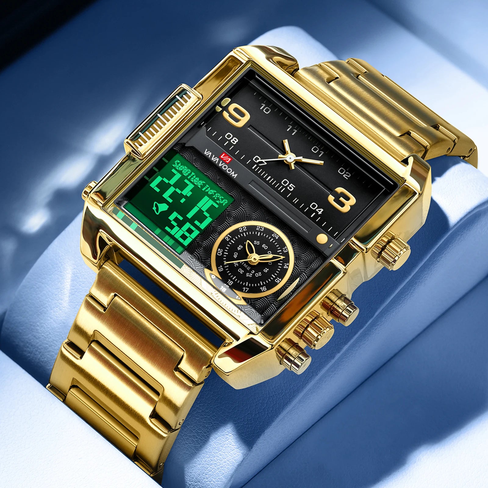 2025 New Men LED Watch Fashion Square Creative Quartz Movement Black Stainless Steel Waterproof Timing Electronic Watch for Men