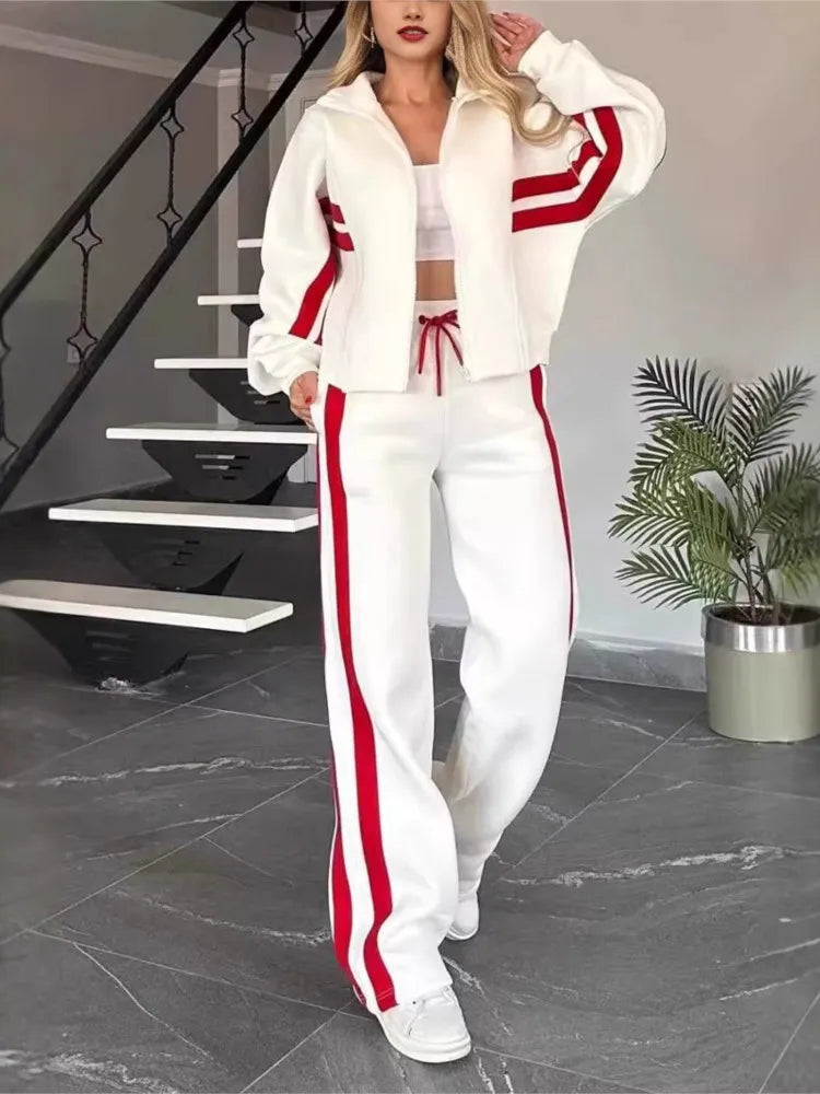 Two-Piece Set – Stand-Up Collar Zipper Top – Wide-Leg Pants – Striped | KIMLUD