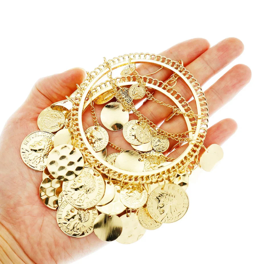 Metal Tribal Coins Hoop Earrings — Silver | KIMLUD