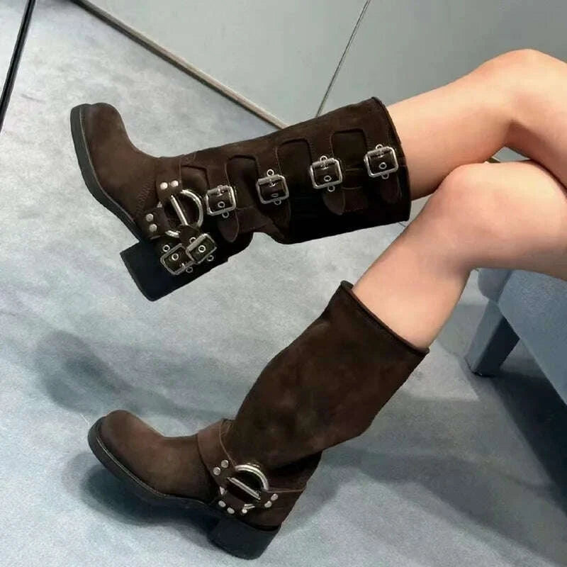 KIMLUD, Punk Woman Clasp Buckle Brown suede Knee Boots Side Metal Buckles Motorcycle Boots Women Square Toe Lady Ridding Boots, KIMLUD Womens Clothes