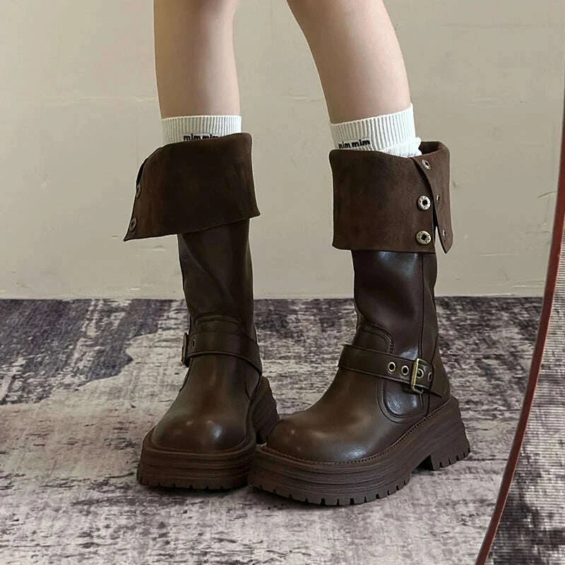 KIMLUD, Winter Vintage Platform Thick Sole Woman Knight High Boots Concise Belt Buckle Front zipper Shoes Ladies Slim Modern Long Botas, KIMLUD Womens Clothes