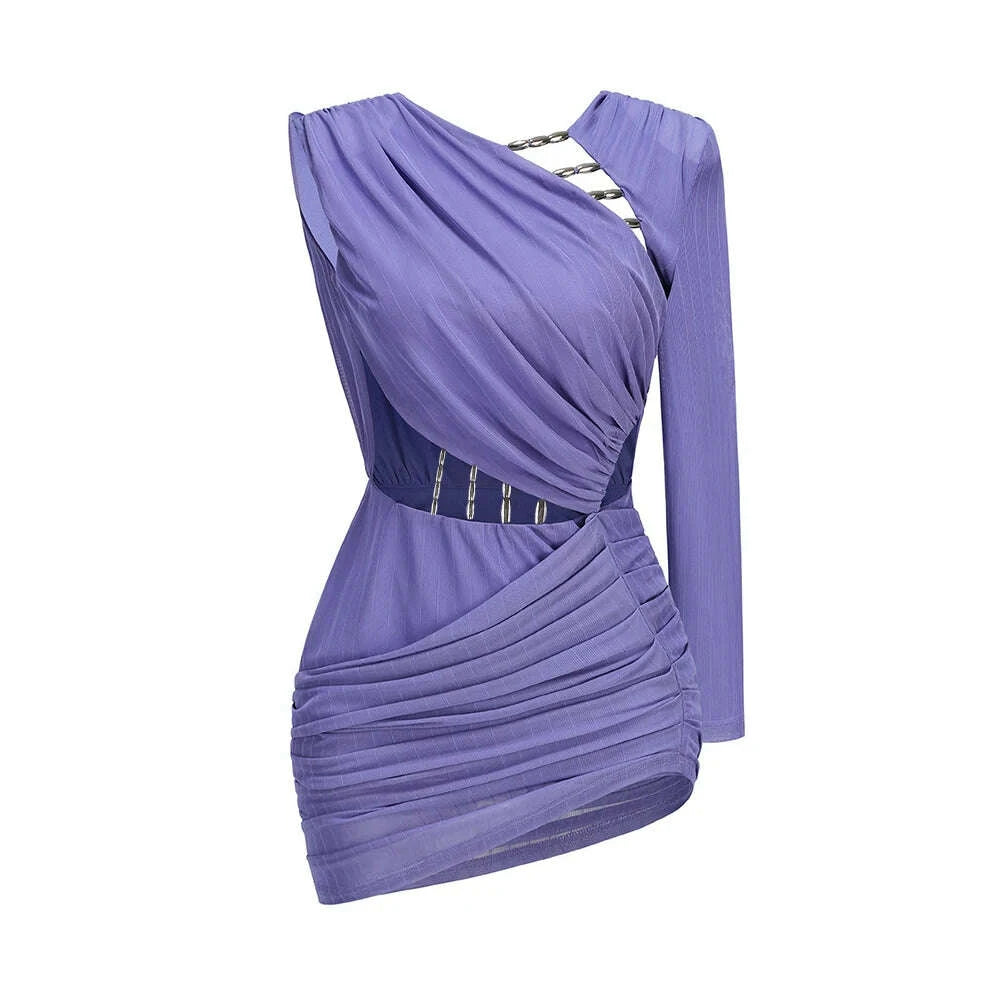 KIMLUD, VC Party Glamour Purple One-Shoulder Cutout Chain Mini Dress for Summer Fashion Gala Gown, KIMLUD Womens Clothes