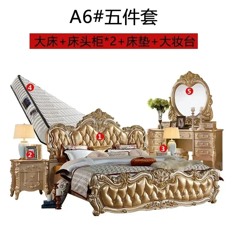 Luxury Gold Double Bed King Size Solid Wood Bedroom Set for Adults, Modern Princess Design Comfort Mattress