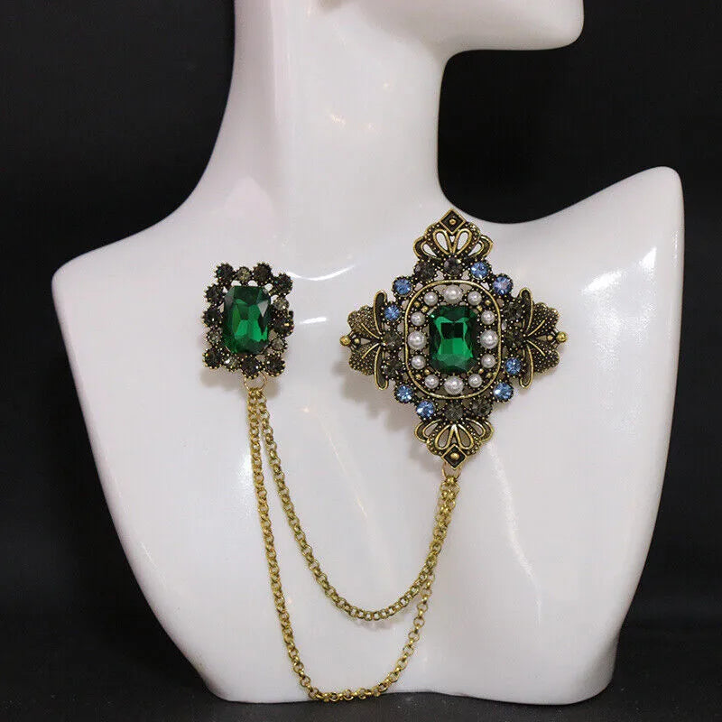 Vintage Fashion Black Crystal Sparkling Rhinestone Brooch Creative Lapel Pin Medieval Design Long Chain Brooches Autumn Winter