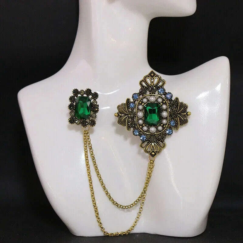 KIMLUD, Vintage Fashion Black Crystal Sparkling Rhinestone Brooch Creative Lapel Pin Medieval Design Long Chain Brooches Autumn Winter, KIMLUD Womens Clothes