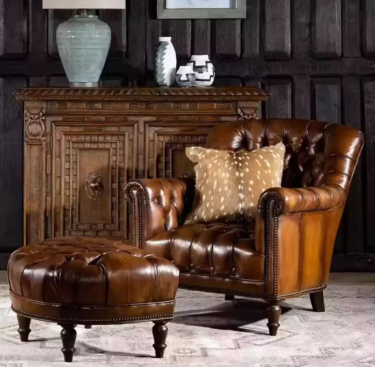Genuine Leather Living Room Chair — Brown | KIMLUD