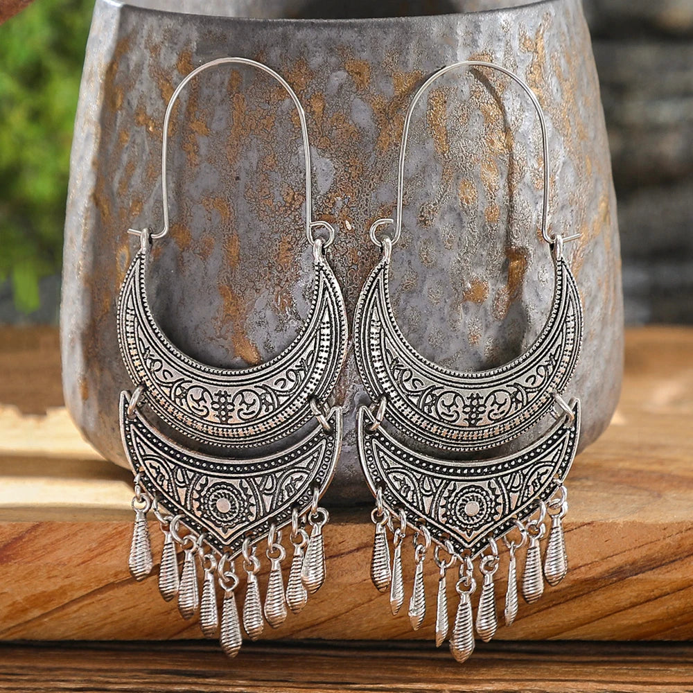 Tassel Drop Earrings – Crescent Moon Carving – Zinc Alloy – Silver | KIMLUD