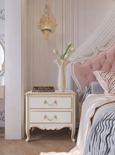 Nordic Beech Wood Bed With Upholstered Headboard — Blush Pink | KIMLUD