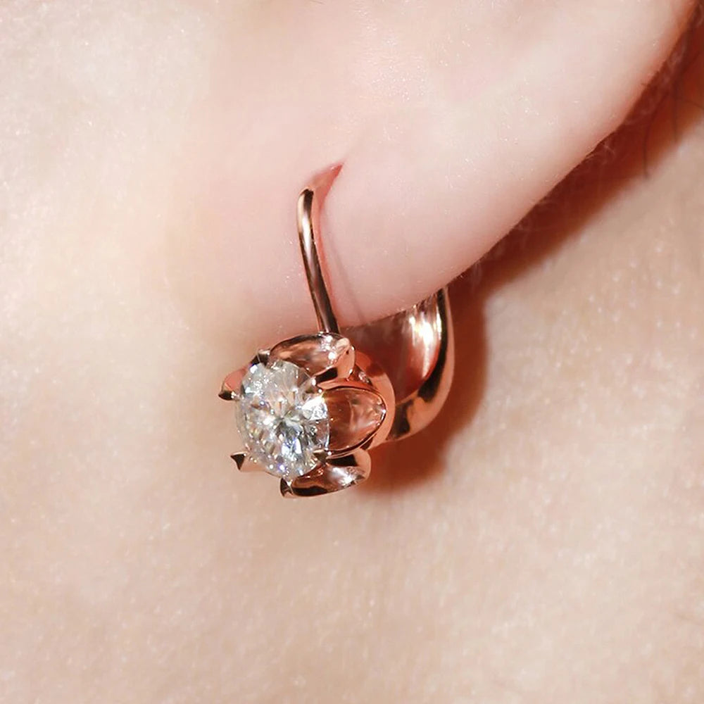 Huitan Rose Gold Color Women's Hoop Earrings New Arrival Fancy Flower Charm Earrings with Cubic Zircon Girl Gift Fashion Jewelry