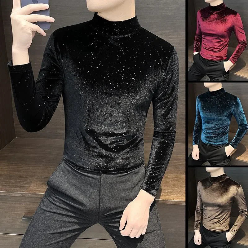 Velvet Gold T Shirt Mock-Neck Long-Sleeved Starry Sky With Subtle Tatting Texture — Gold | KIMLUD