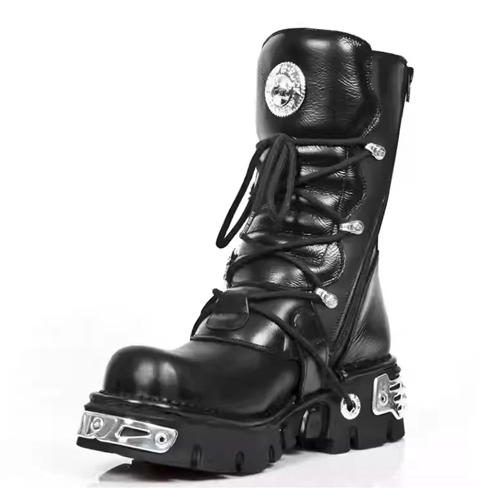 Genuine Leather Motorcycle Boots Goth Skull Embellishment With Metal Hardware — Black | KIMLUD