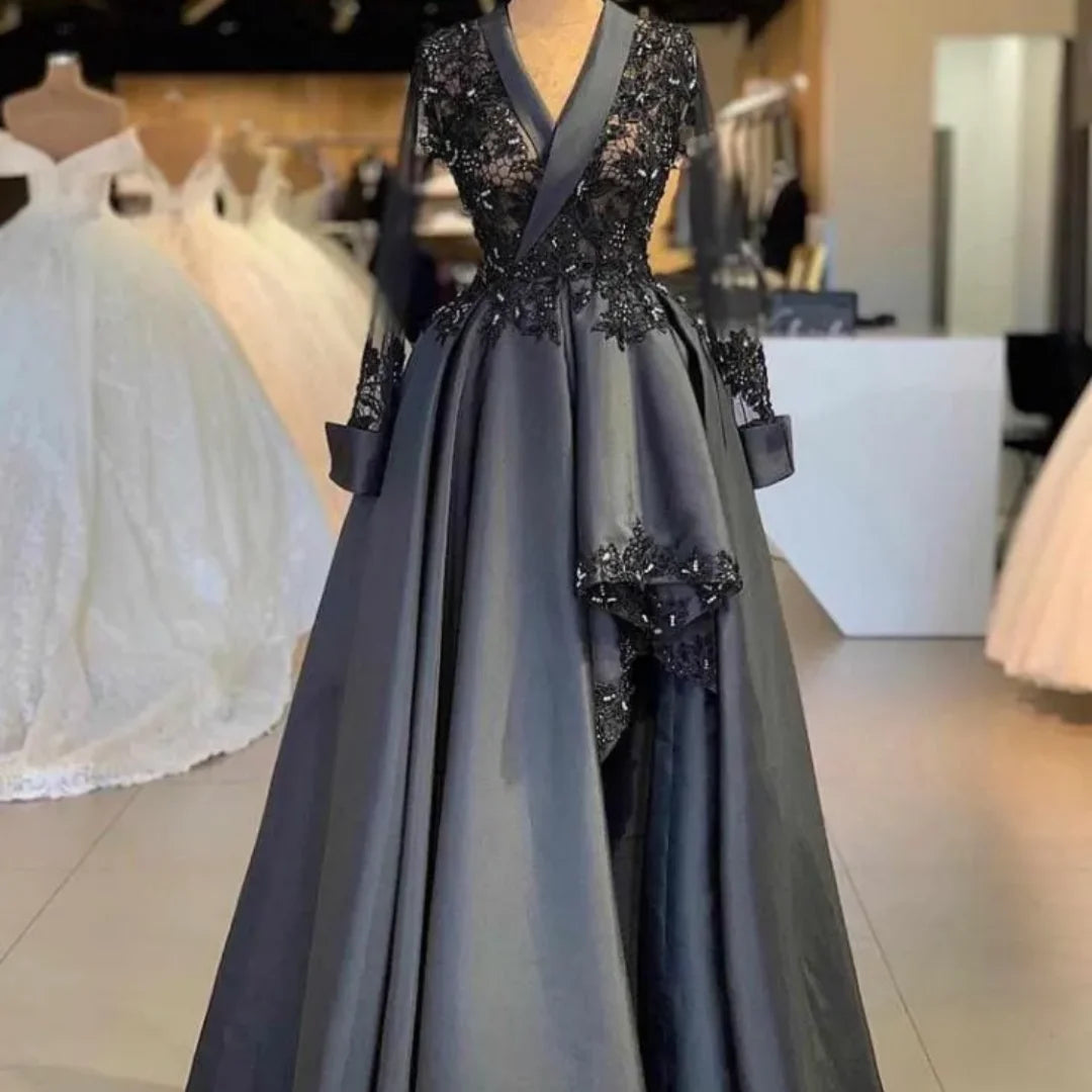 V Neck Mermaid Long Sleeves Lace Appliques Side Split Black Satin Party Wedding Guest Mother Dress Vintage Of The Bride Dresses