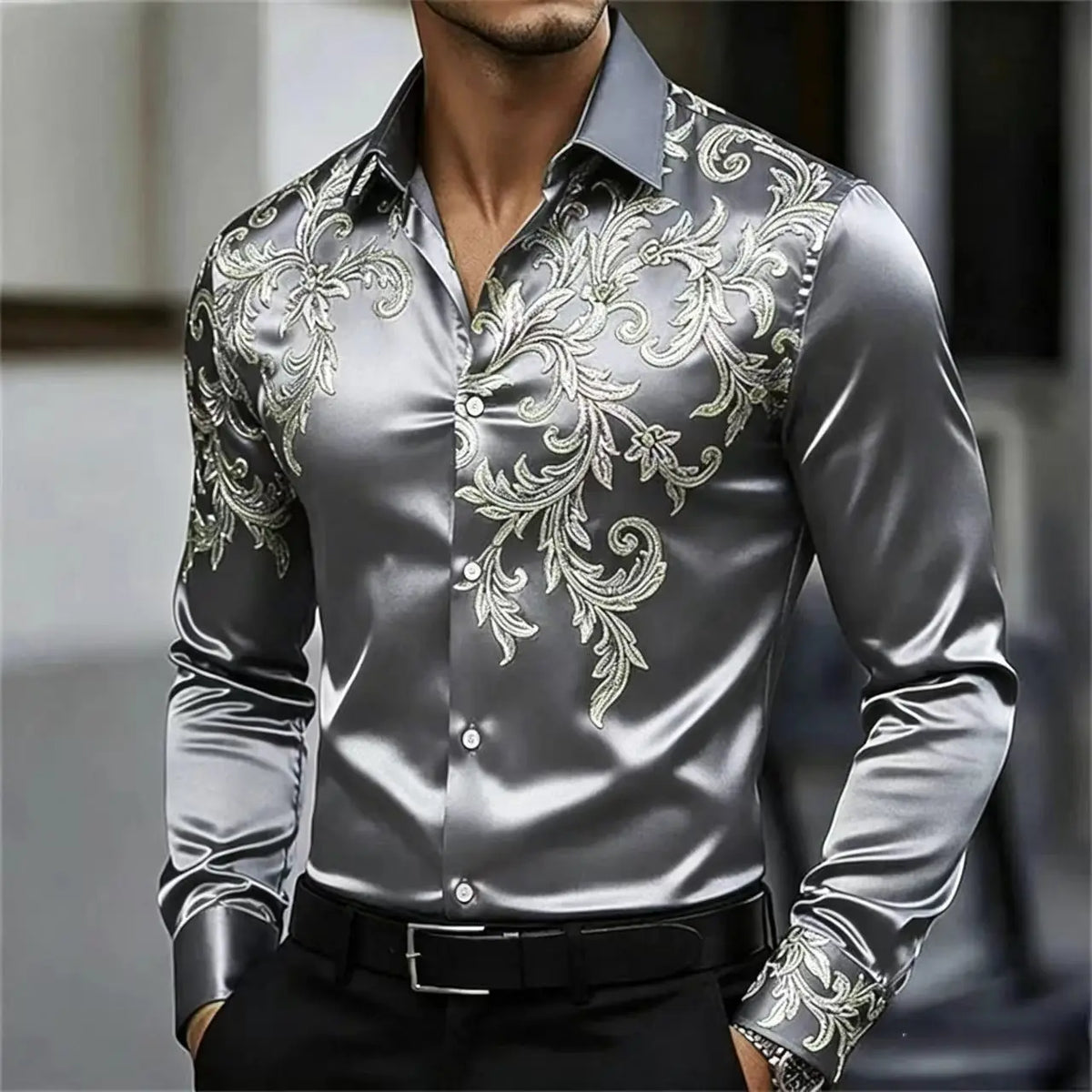 Men's Satin Paisley Print Shirt – Silk Polyester | KIMLUD
