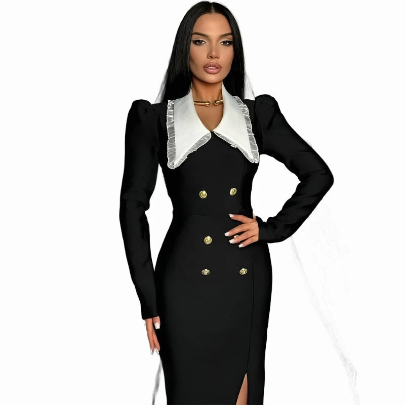KIMLUD, 2024 New Arrival Golden Buttons White Pater Pan Collar High Slit Black Bandage Long Dress Graceful Woman Evening Party Dress, KIMLUD Womens Clothes