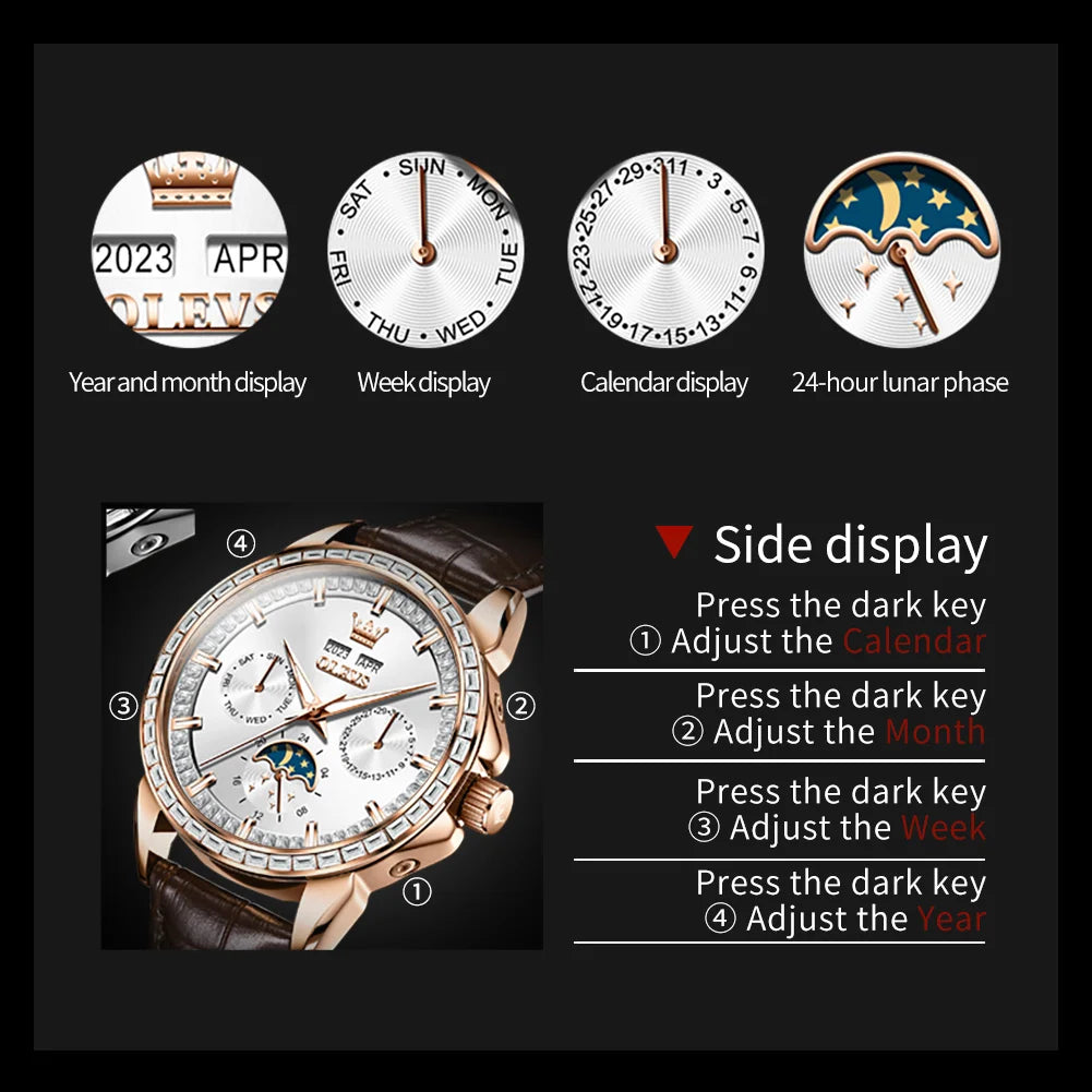 Leather Moon Phase Diamond Bezel Watch — Rose Gold | KIMLUD