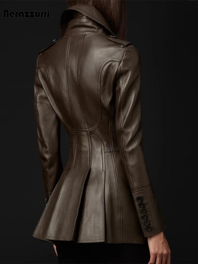 Coats & Jackets – Double Breasted – Faux Leather – Brown | KIMLUD