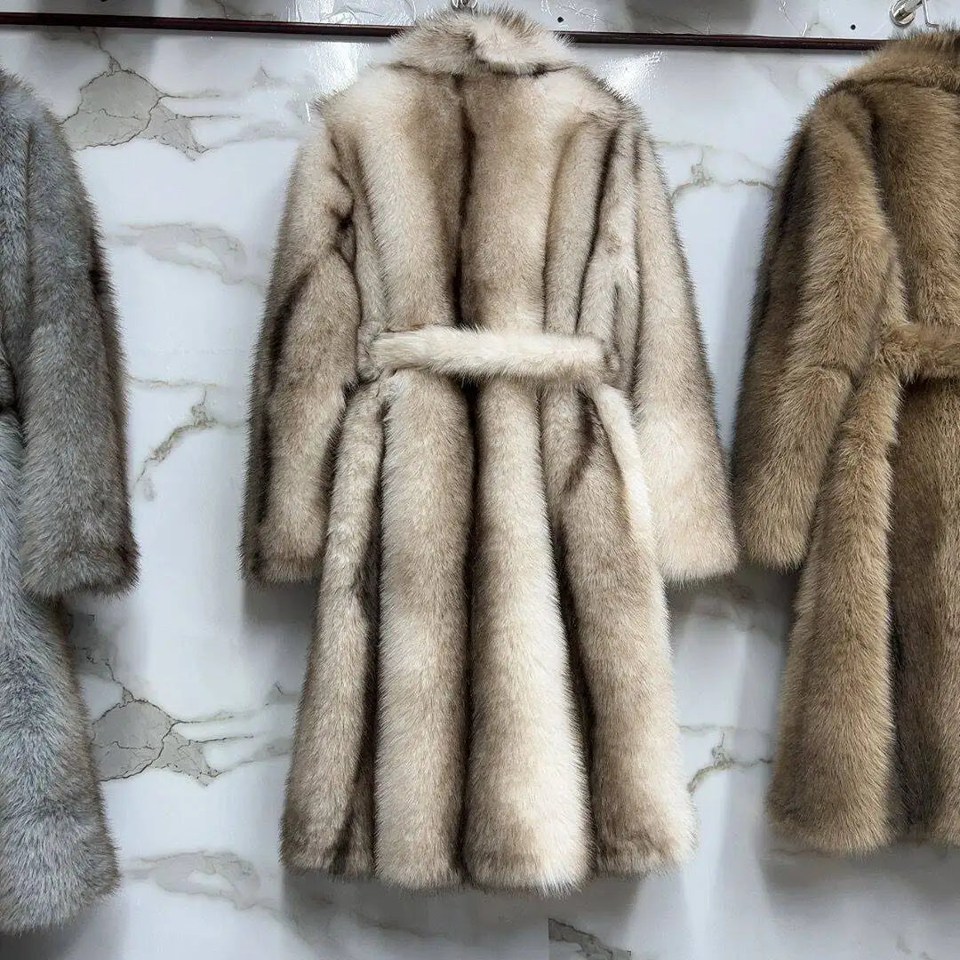 Faux Fur Coat - Long Waistband Design - Faux Fur - Large Collar | KIMLUD