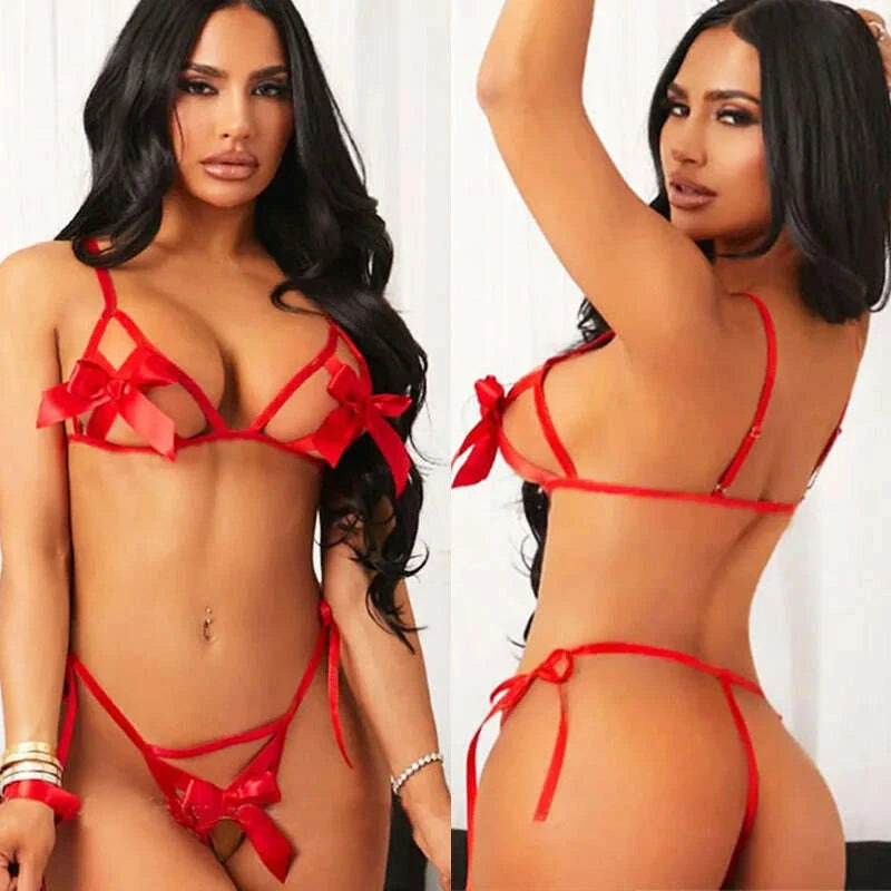 KIMLUD, Sexy Fancy Bow Tie Underwear Women Sexy Lingerie Lace Hollow Out Bra Set Erotic Bikinis Porn 2Piece Sex Set Transparent Clothes, KIMLUD Womens Clothes