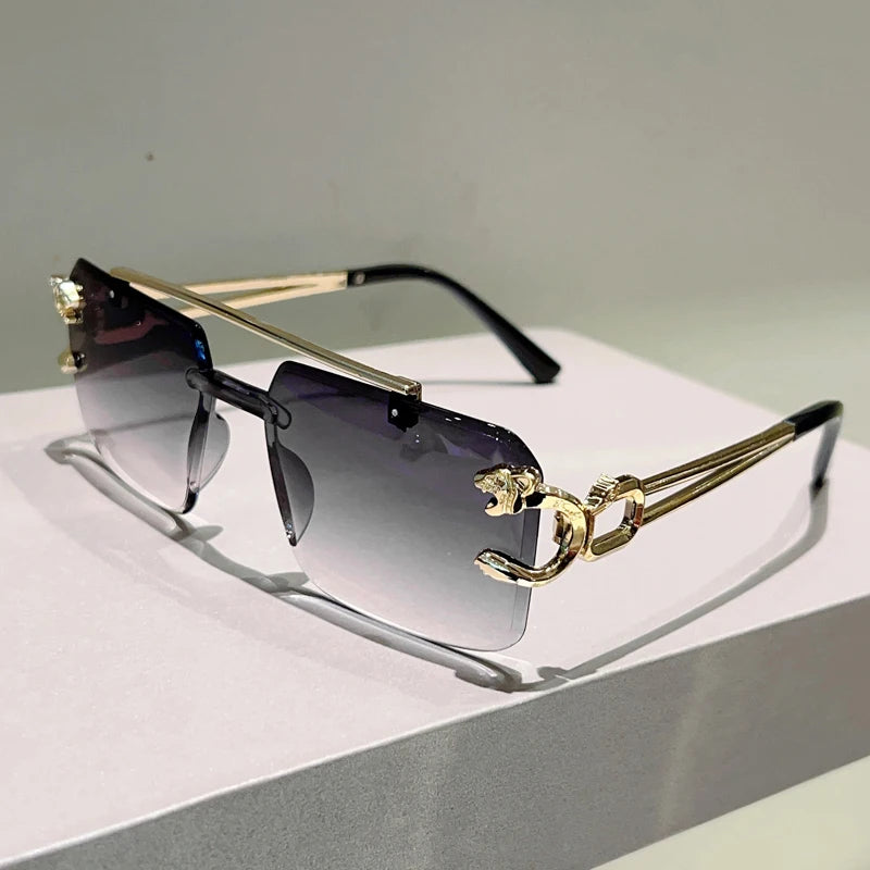 Rimless Sunglasses Square With Gradient Brown-To-Amber Lenses And Adjustable Nose Pads — Black | KIMLUD