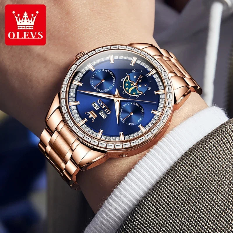 OLEVS 6695 NEW Men's Watches Full Multifunctional Dial Blue Leather Strap Calendar Week Moon Phase Waterproof Wristwatch