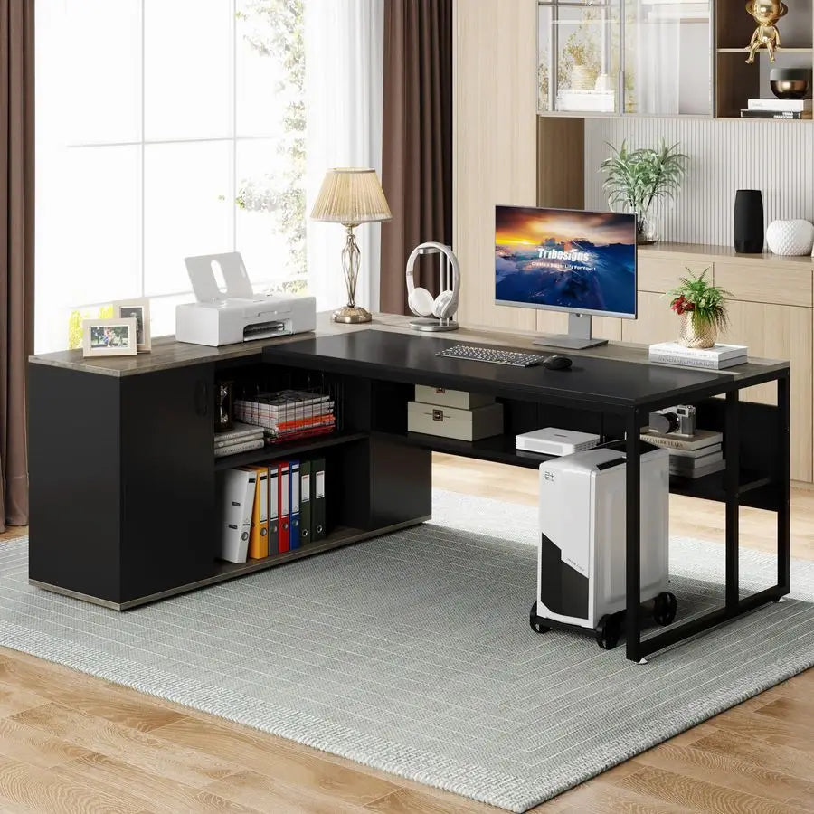 71 inch Executive Desk, L Shaped Desk with Cabinet Storage, Executive Office Table with Shelves, Business Furniture Set Worksta