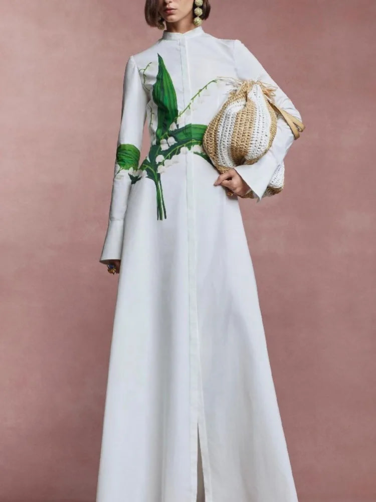 Women's Elegant Floral Printed Formal Office Shirts Dress Long Sleeves Buttoned Stand Collar Party Evening A-line Maxi Dresses