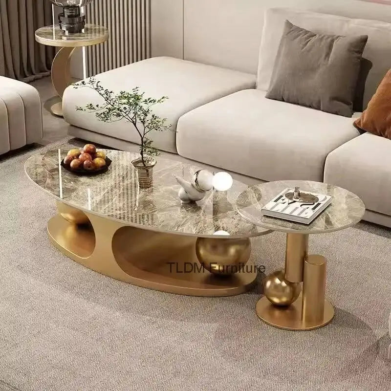 Marble Oval Coffee Tables Brass-Gold Base Nordic Luxury With Italian Art Influence — Ivory | KIMLUD