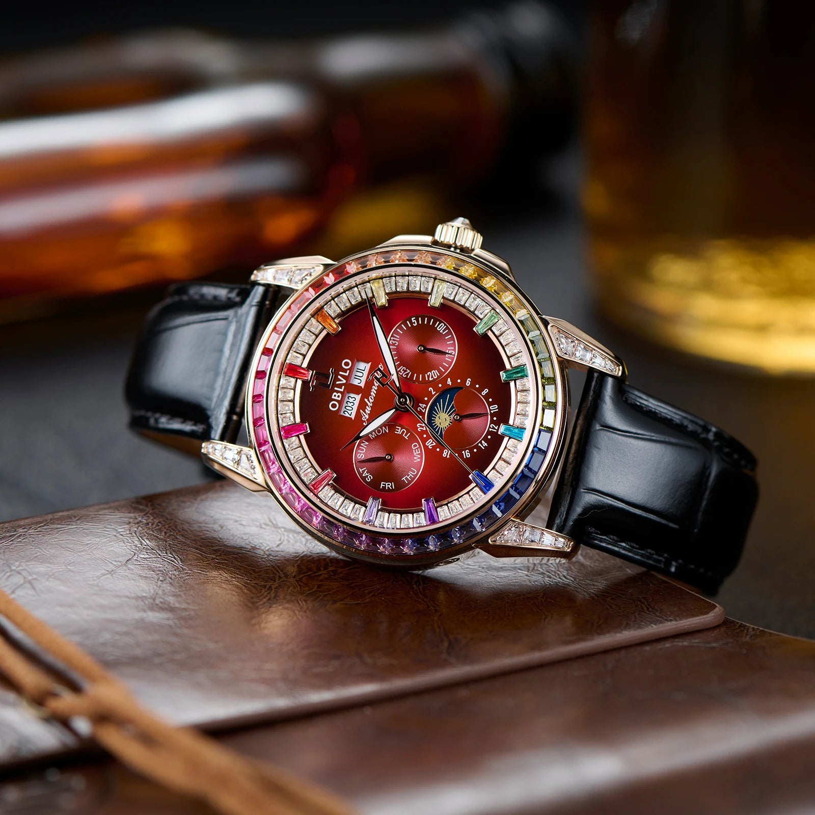 Moonphase Automatic Leather Strap Watch Complete Calendar — Red | KIMLUD