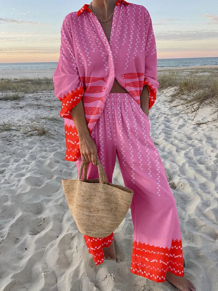 Two-Piece Set – Boho Beach Print – Loose Silhouette | KIMLUD