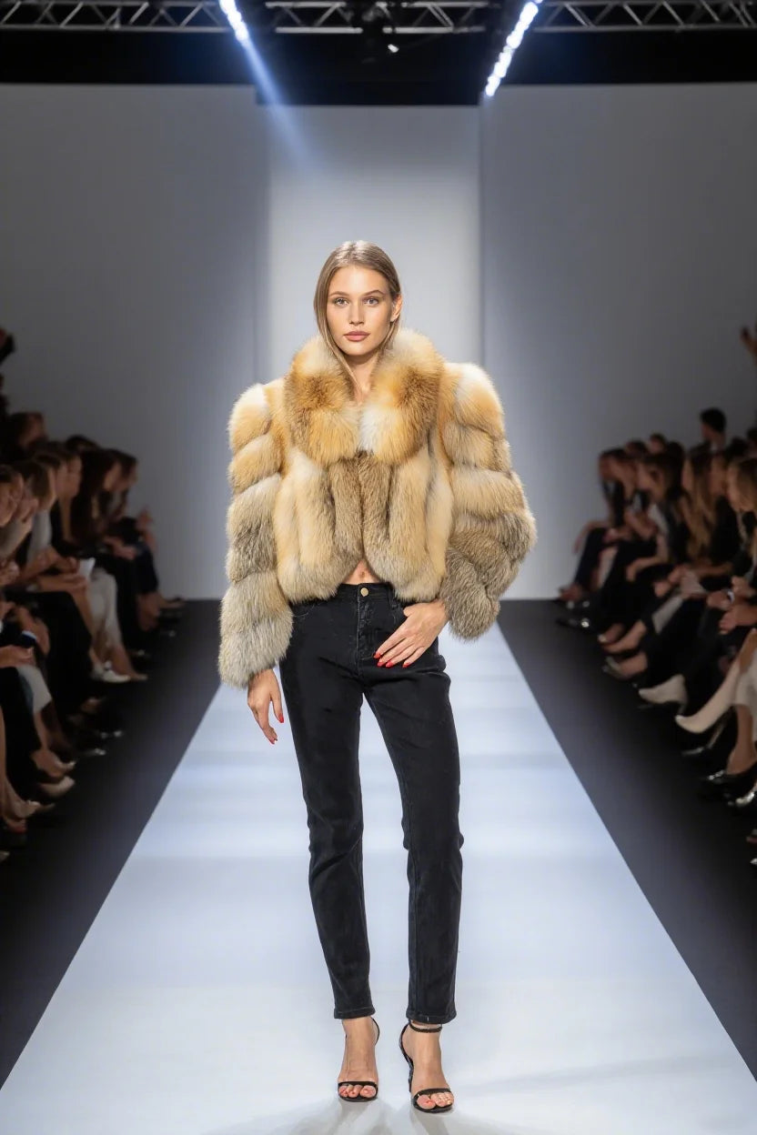 Women Genuine Natural Golden Island Fox Fur Coat with fox fur collar For Winter Fashion Short Jacket