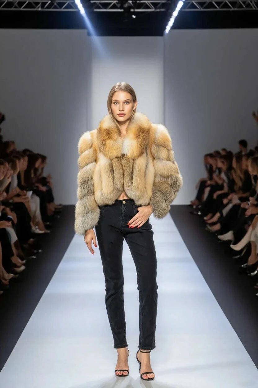 KIMLUD, Women Genuine Natural Golden Island Fox Fur Coat with fox fur collar For Winter Fashion Short Jacket, KIMLUD Womens Clothes