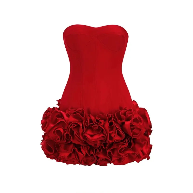 Bandage Mini Dress Strapless With Floral Lace Back — Crimson Red | KIMLUD
