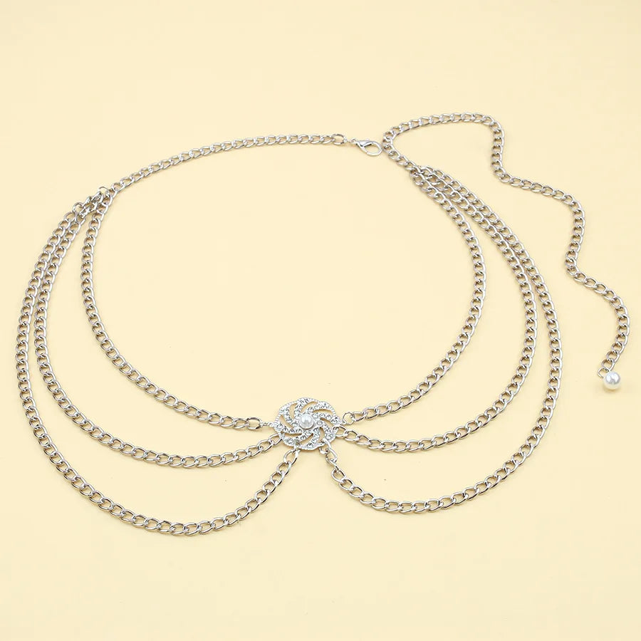 Gold-Tone Waist Chain Belt Diamond Pearl Disc Inlays With Radiant Faceting — Gold-Tone | KIMLUD