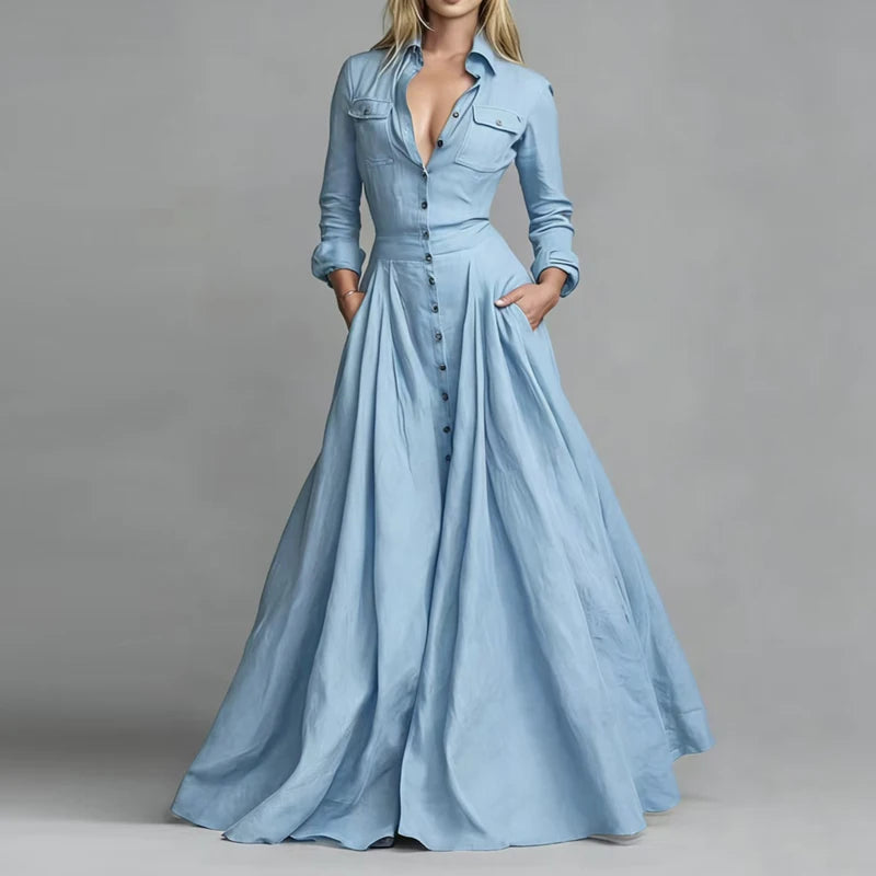 Casual Turn-down Collar Button Maxi Dress Woman Elegant Solid High Waist Swing Long Dresses Autumn Long Sleeve Pocket Boho Dress