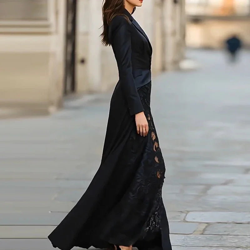 Lace Patchwork Irregular Split Robe Dress Casual High Waist Solid Color Maxi Dress Fashion Autumn Lapel Long Sleeved Party Dress